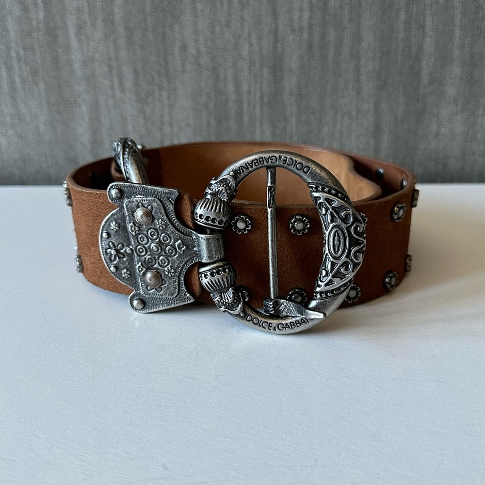 Rare Vintage Dolce & Gabbana Brown Leather Belt with Metal Accents Size 36/90